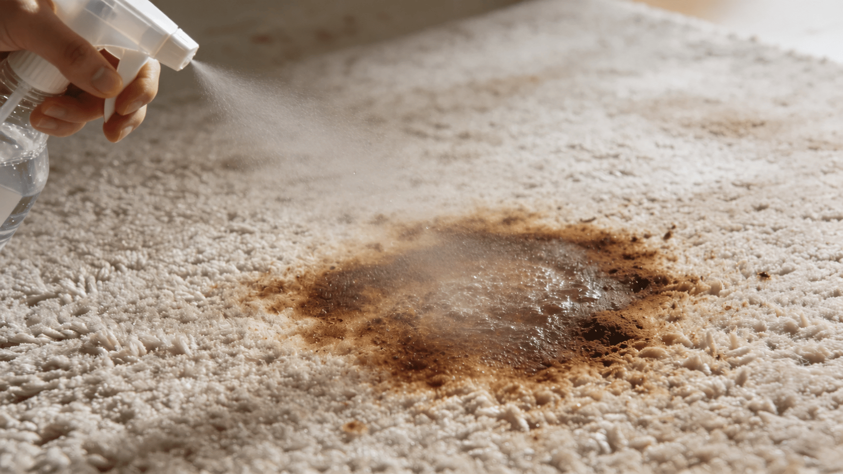 A hand holding a spray bottle directs a fine mist onto a dark brown stain on a light cream carpet, with visible damp fibers