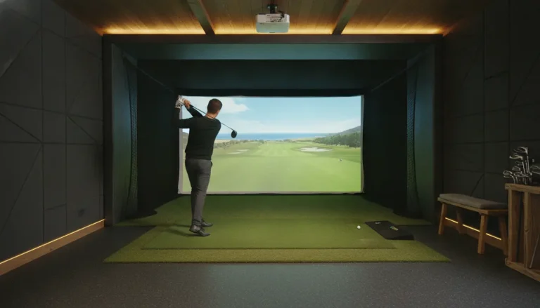 Golfer swinging club in indoor simulator with projection screen showing golf course