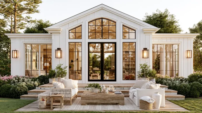 Modern outdoor seating area with white cushions and wooden coffee table in front of stylish white house