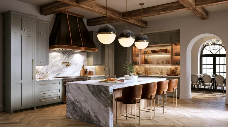 Luxurious kitchen with marble island, leather barstools, copper range hood, and pendant lighting