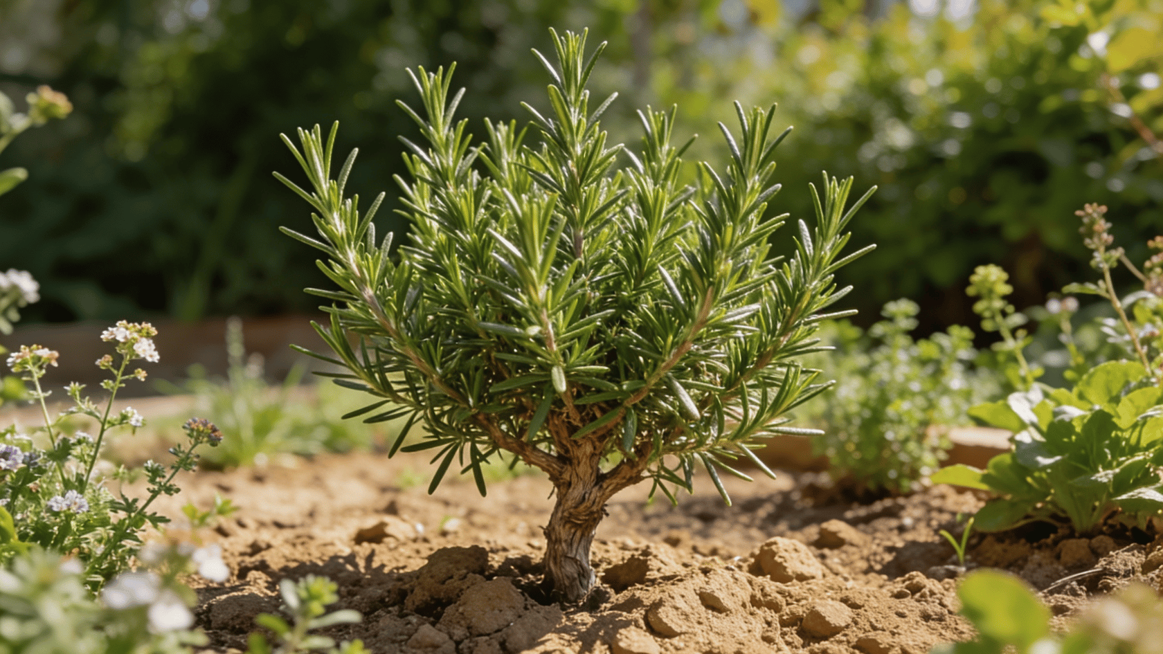 Healthy rosemary plant growing in garden bed with well-drained soil under full sunlight