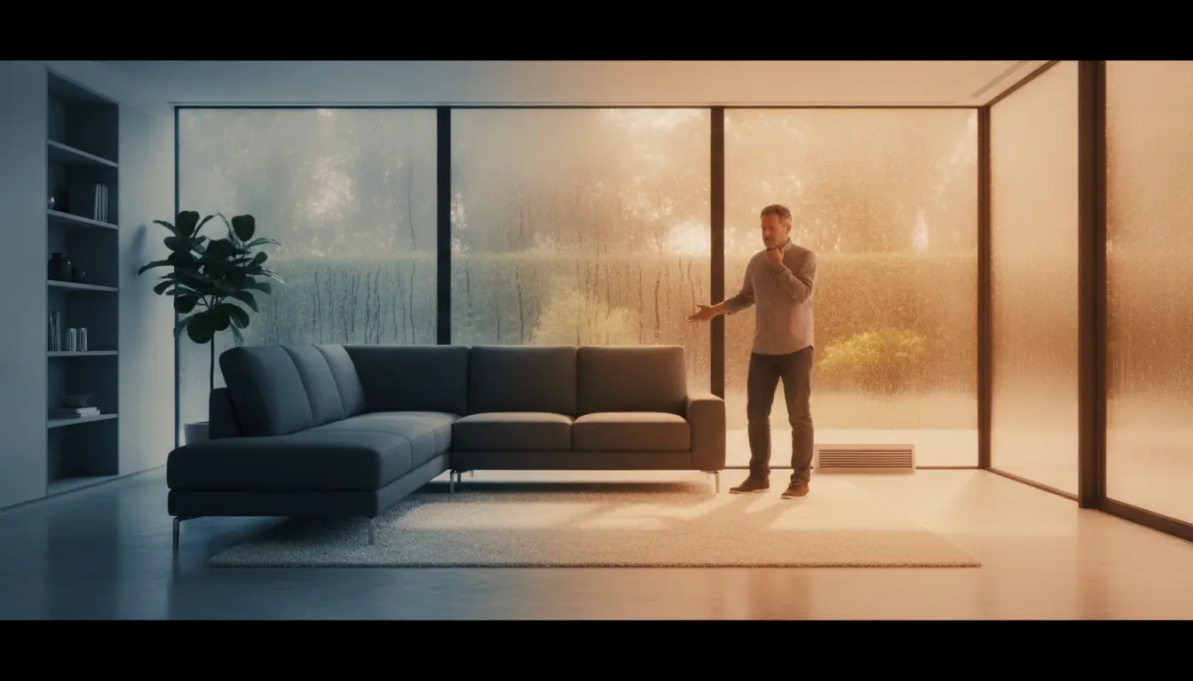 Man standing in modern living room with gray sofa and large rain-streaked windows