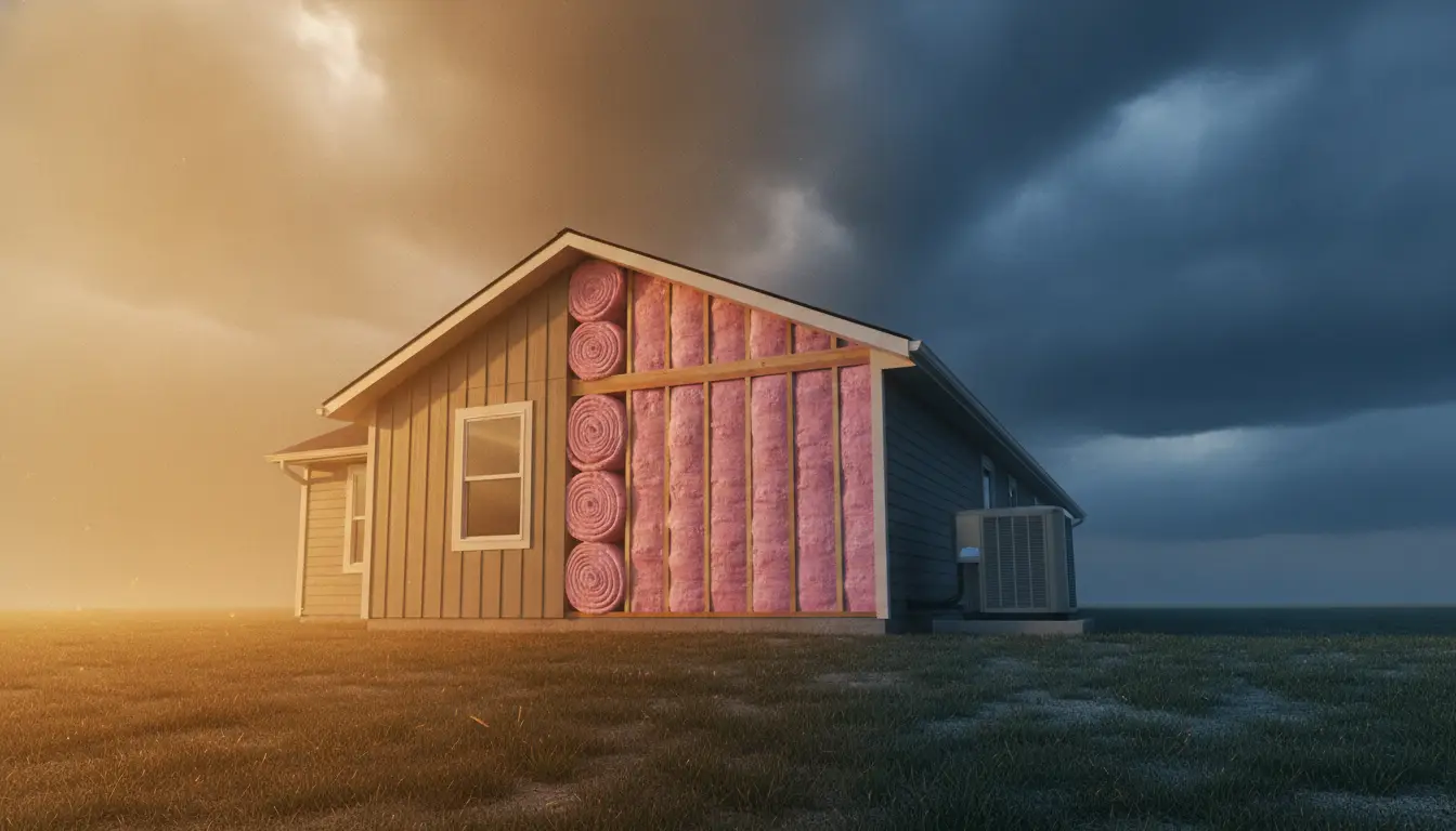 House with exposed pink insulation and air conditioner unit under cloudy sky