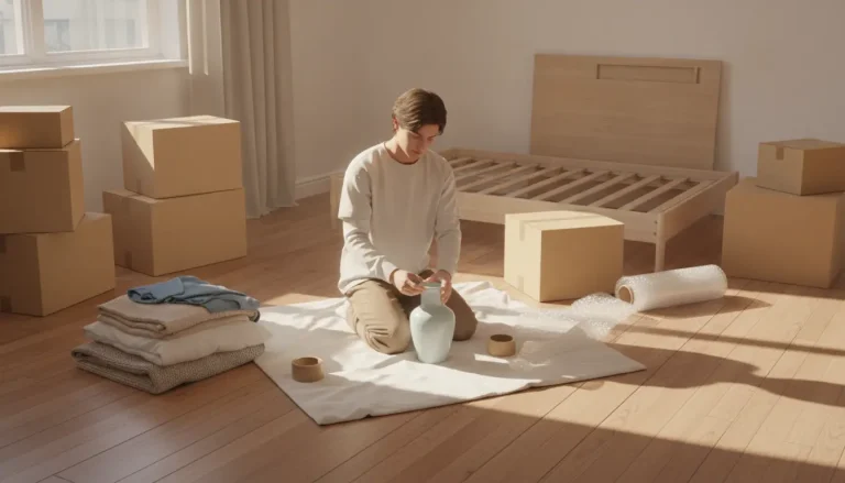 Person wrapping a ceramic vase on a white cloth surrounded by cardboard boxes in a sunlit room