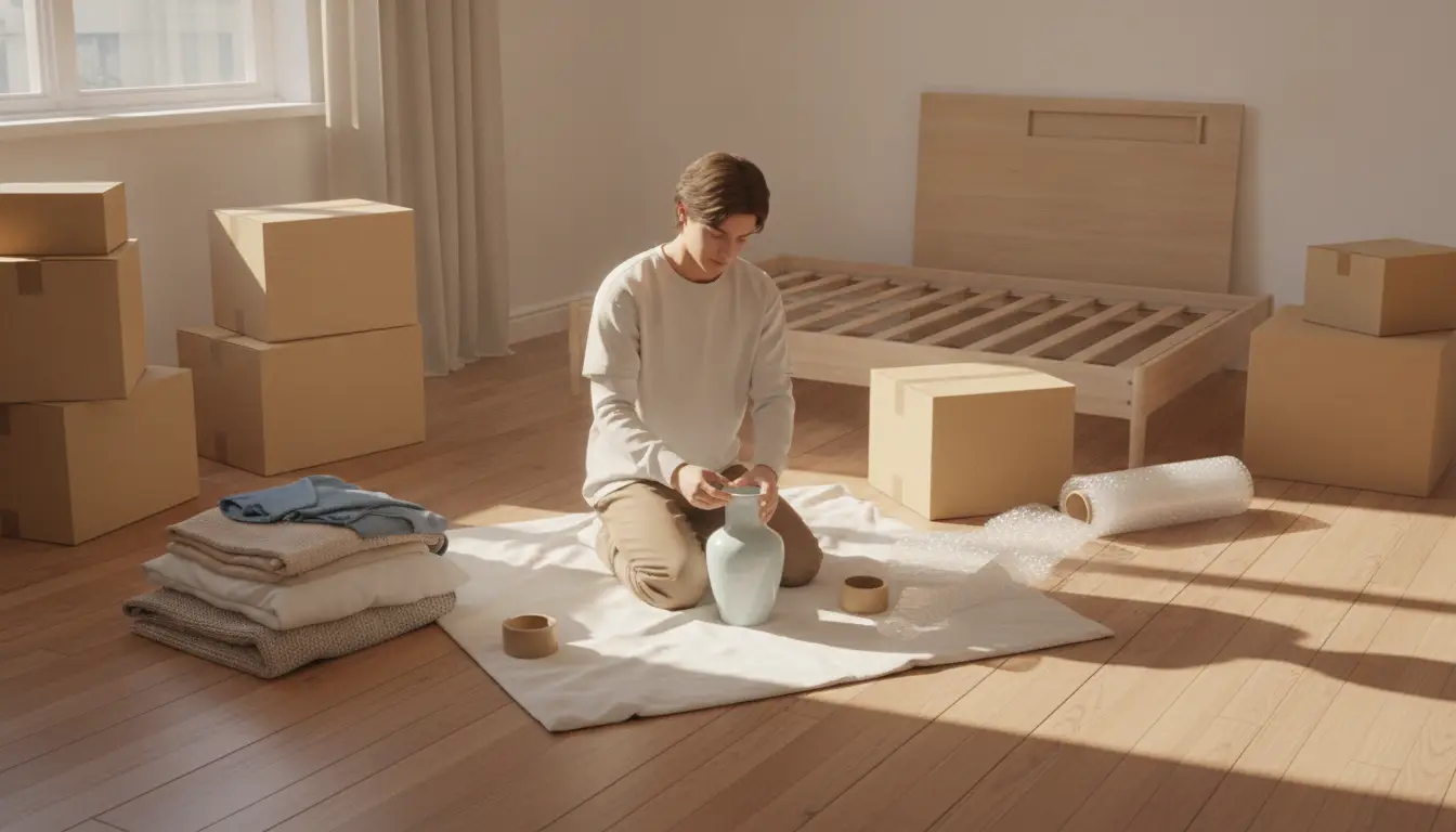 Person wrapping a ceramic vase on a white cloth surrounded by cardboard boxes in a sunlit room