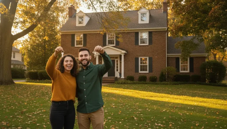 Couple holding keys in front of large brick house during autumn afternoon