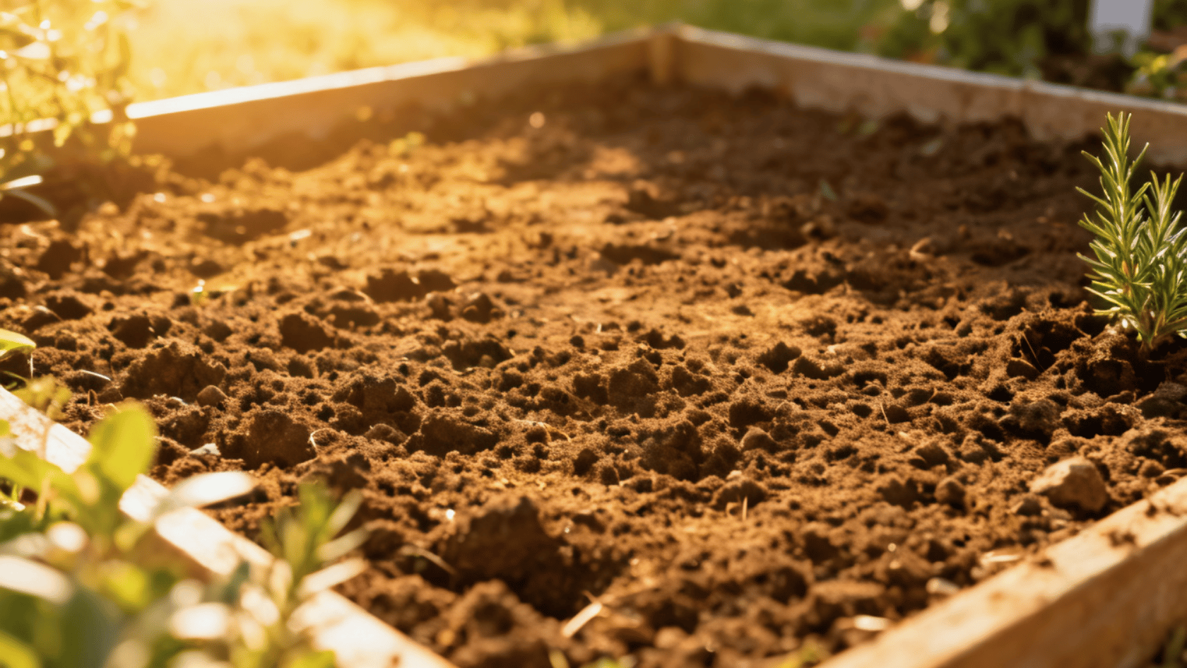 Sunlit raised garden bed filled with freshly turned soil and small green plants growing along the edges.