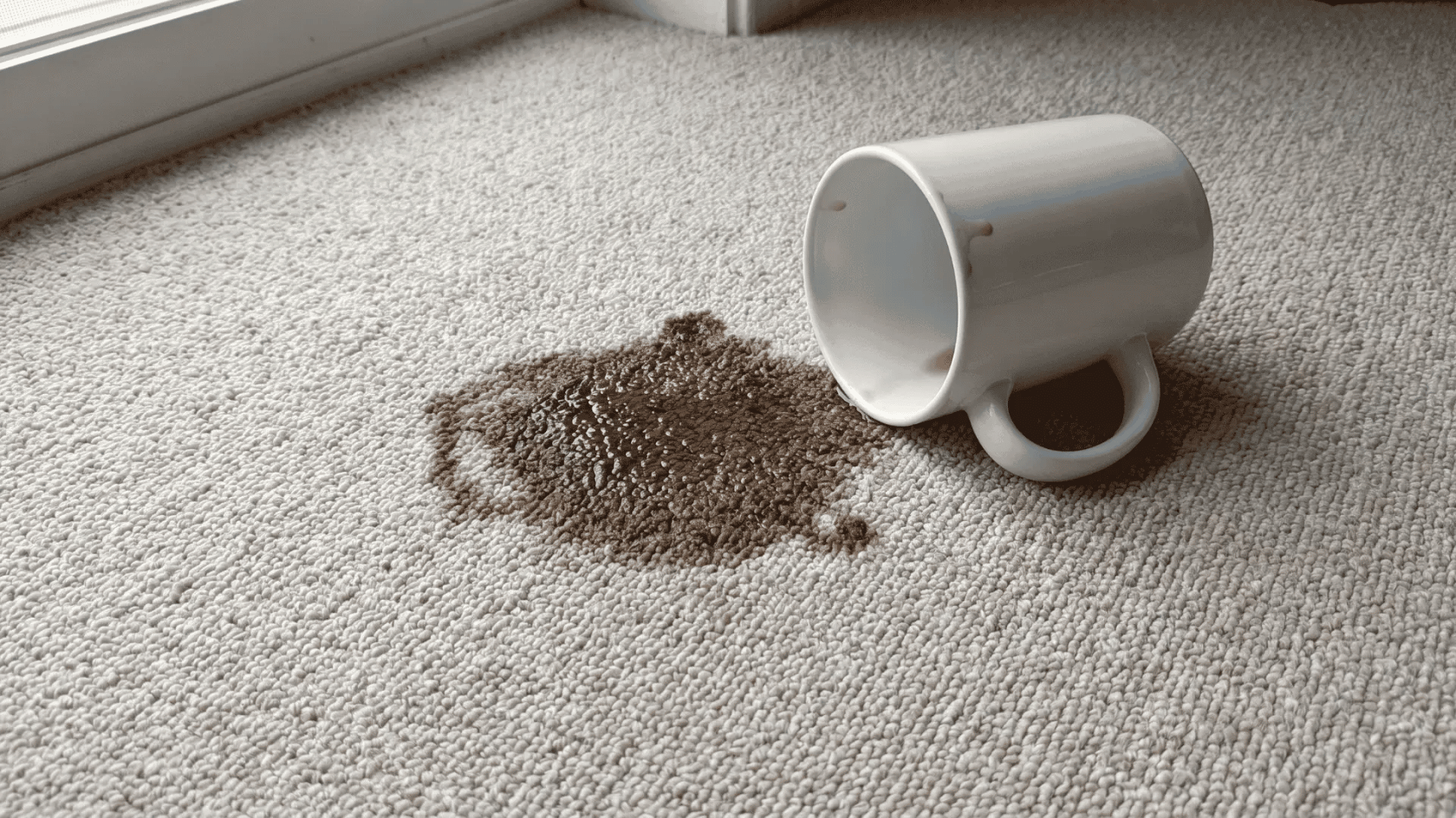 White mug spilled on carpet with coffee stain spreading on light textured rug near a window.