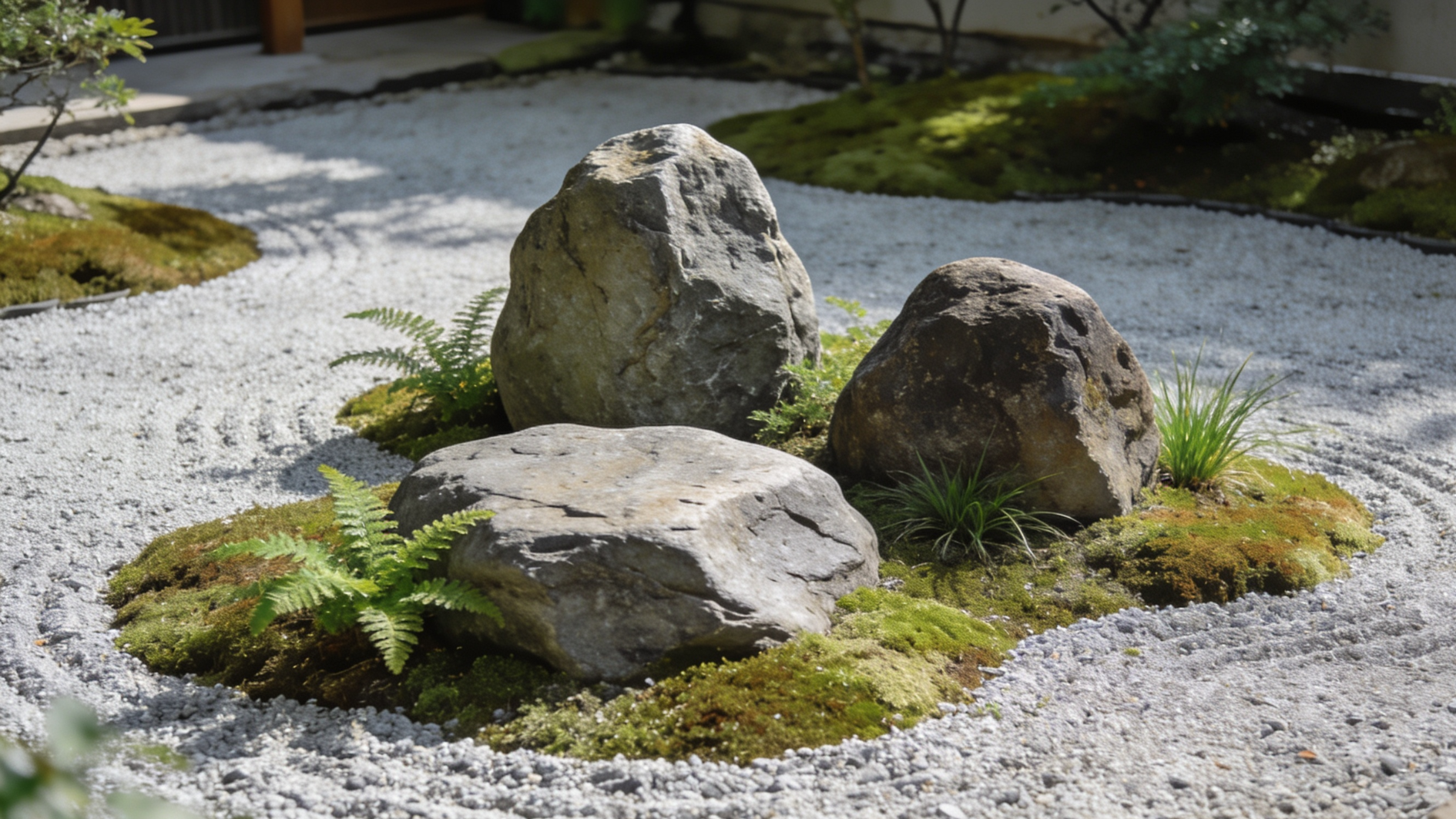 hree rocks in a raked gravel garden with moss patches and small green plants