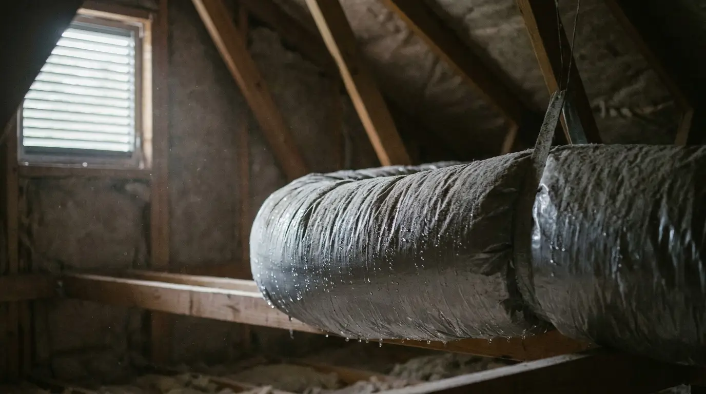 Large insulated ductwork in attic with wooden beams and window light filtering through
