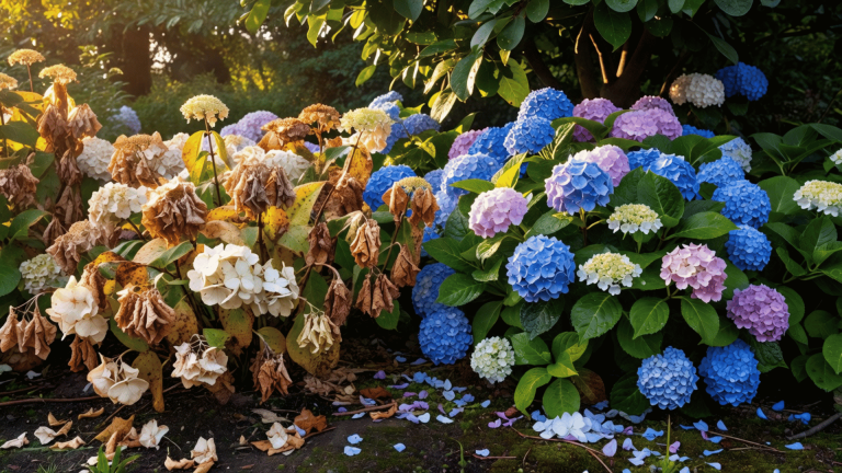 Hydrangea bushes with mixed bloom colors showing healthy and sun stressed flowers in a garden setting