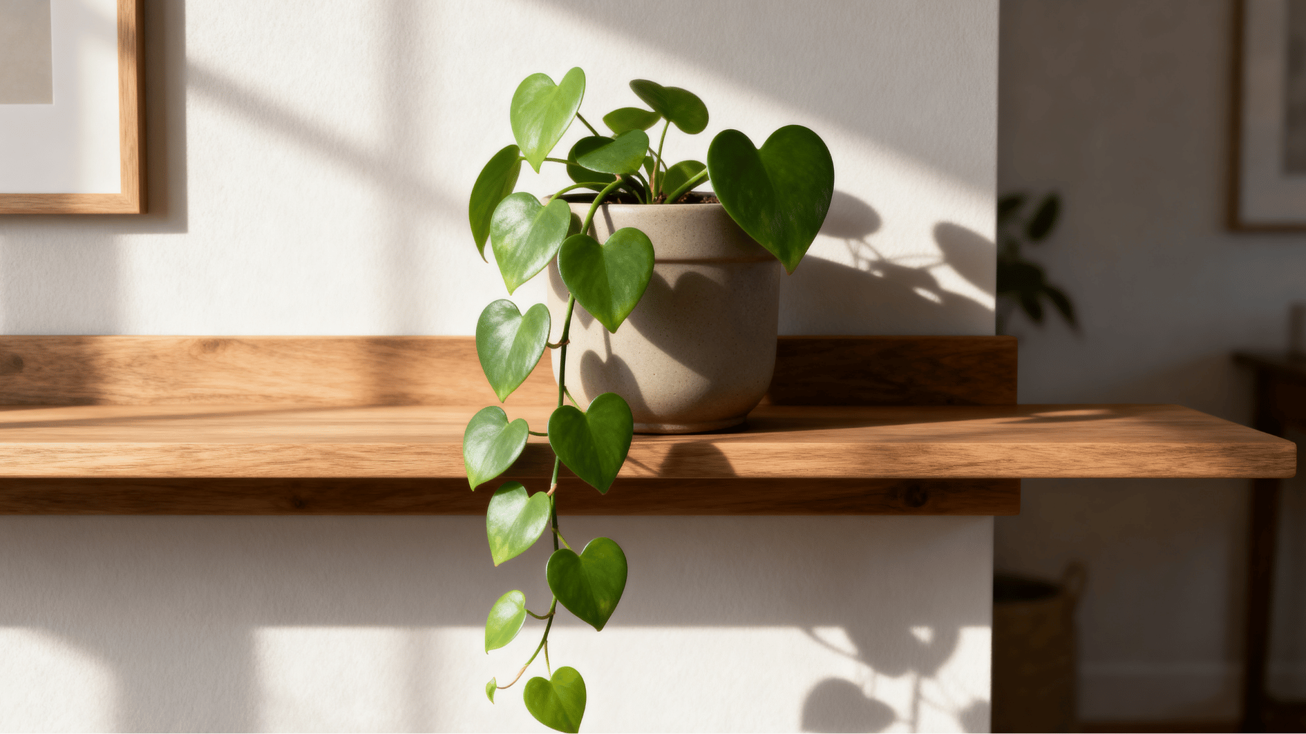 hyperrealistic indoor photo of heartleaf philodendron in ceramic pot on shelf with heart-shaped leaves trailing window sunlight