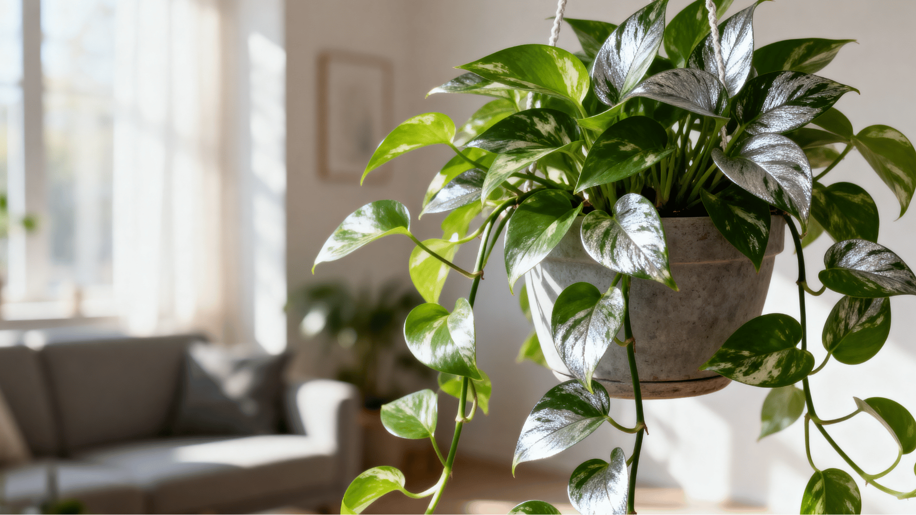 hyperrealistic satin pothos in hanging pot with silver patterned leaves trailing in bright indoor room soft sunlight