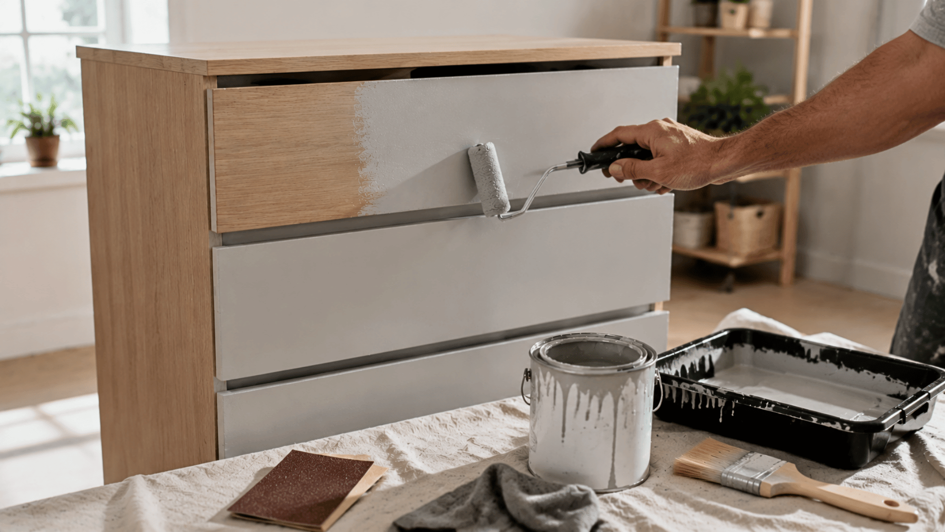 Hand painting IKEA dresser drawers with roller and paint supplies on table.