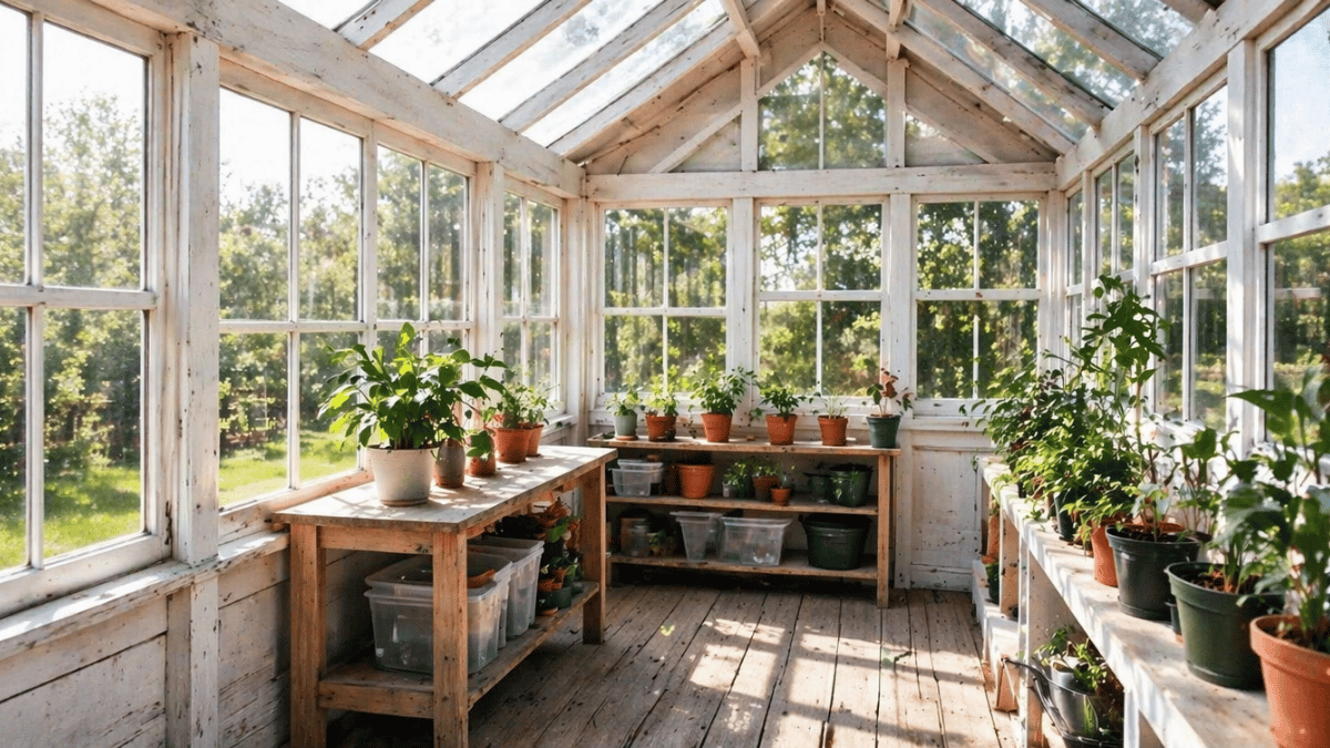 image of a backyard she shed at evening time with double doors open showing a greenhouse style setup inside