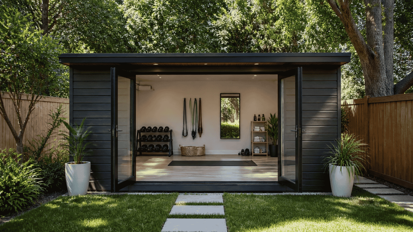 image of a backyard she shed shown from a front wide angle with the full shed visible door open revealing a workout gear setup inside