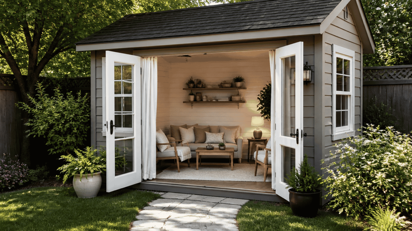 image of a backyard she shed shown from outside with the door open revealing a guest lounge setup inside daylight time