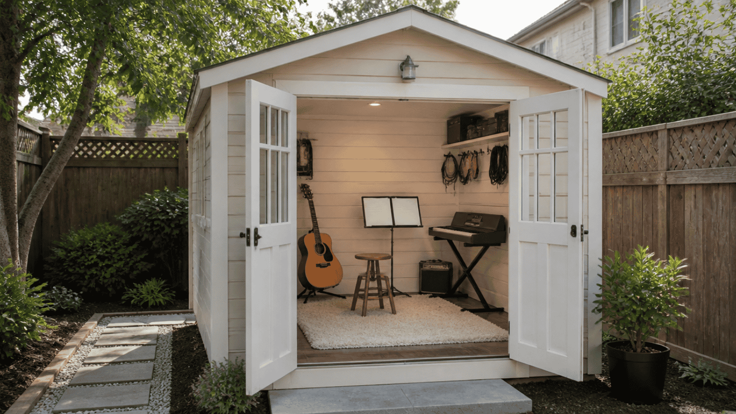 image of a backyard she shed shown from outside with the door open revealing a music practice setup inside
