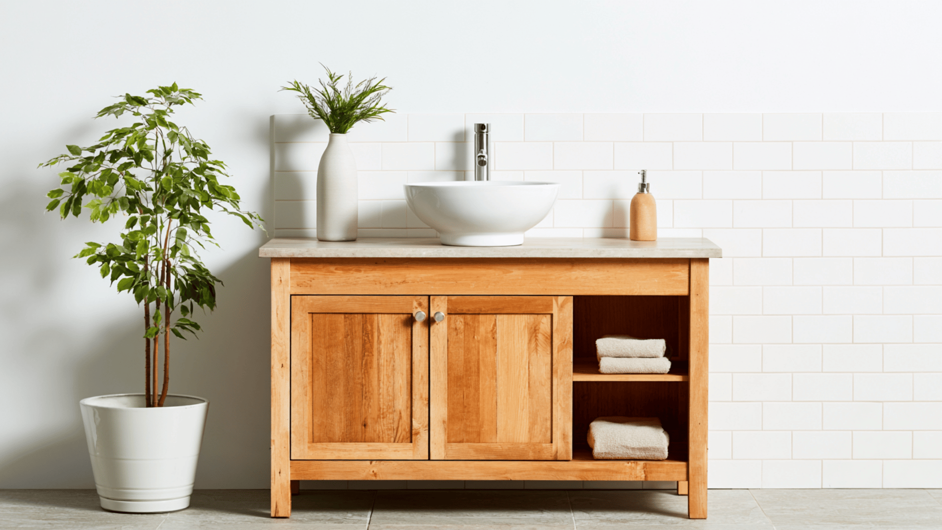 image of a bathroom vanity in simple bathroom brown wood color vanity with white brick wall in background
