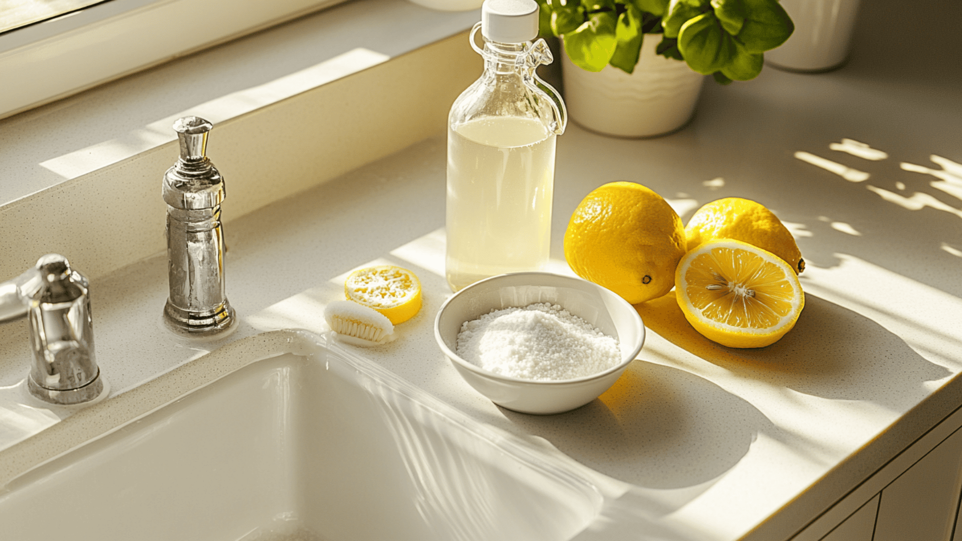 image of a simple clean kitchen sink drain, close-up view of drain cleaning materials lemon soda and vinegar and salt kept on side for drain cleaning