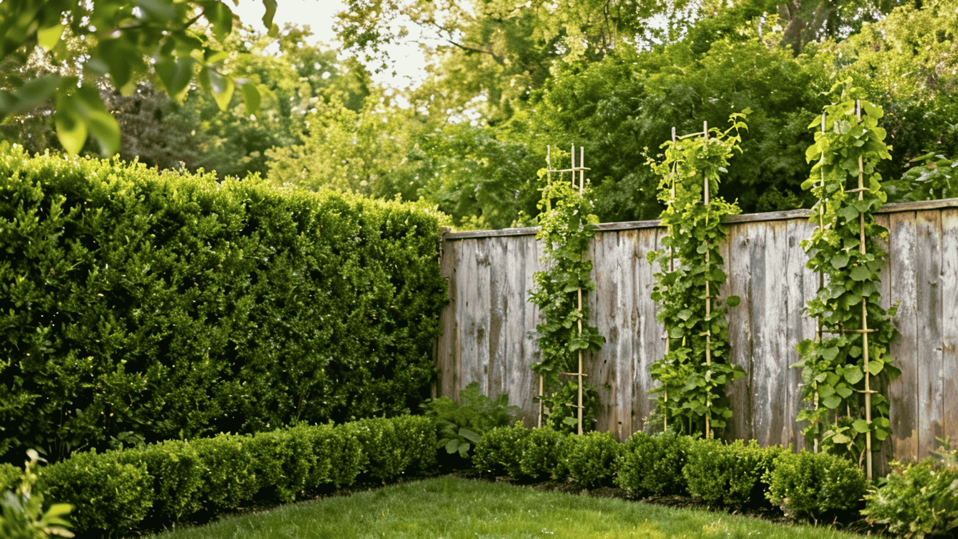 Backyard privacy landscaping with hedges fence and climbing plants along the boundary