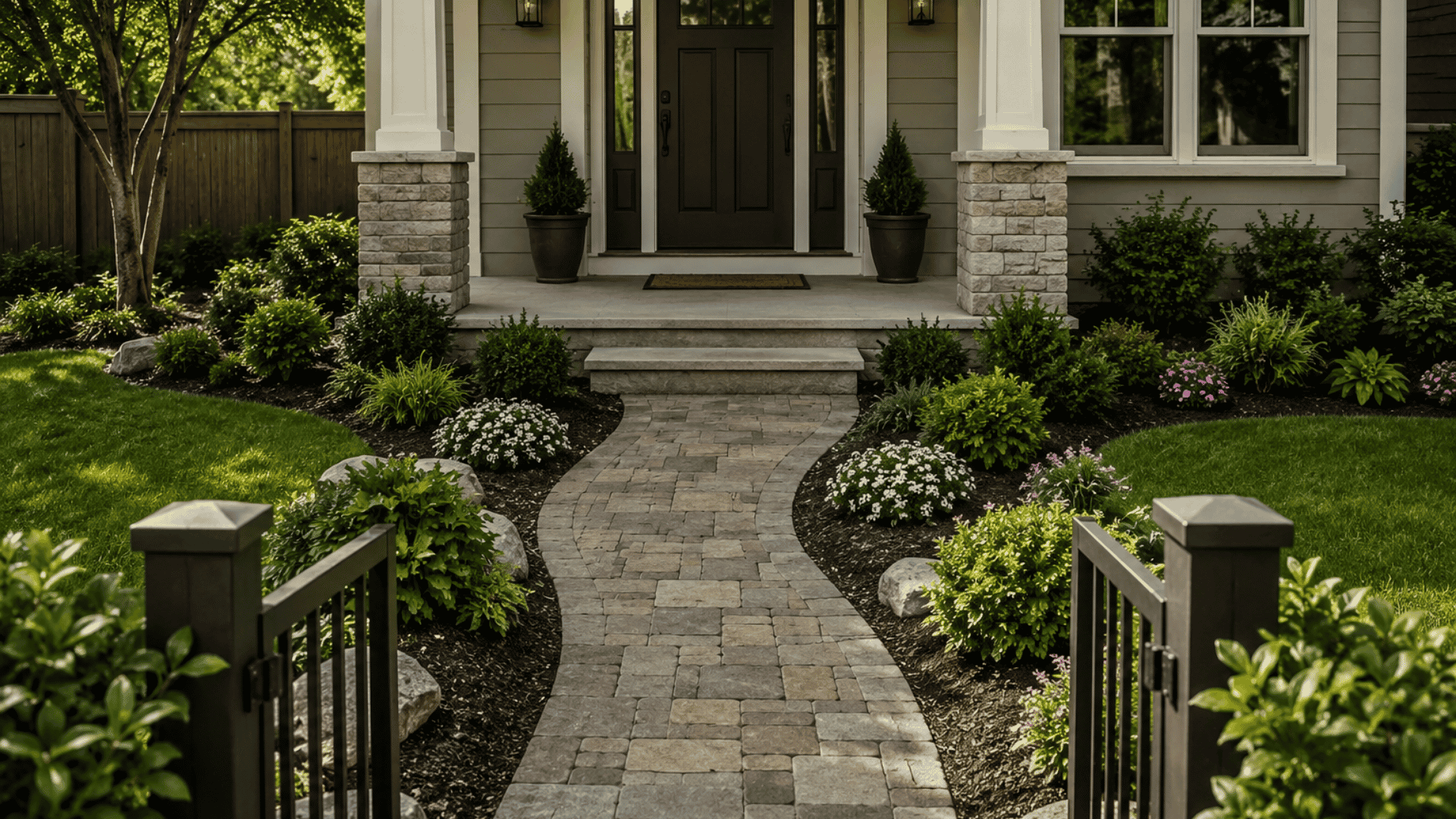 Neatly landscaped home entrance with stone pathway, black metal gate, dark front door, vibrant garden beds, and manicured greenery