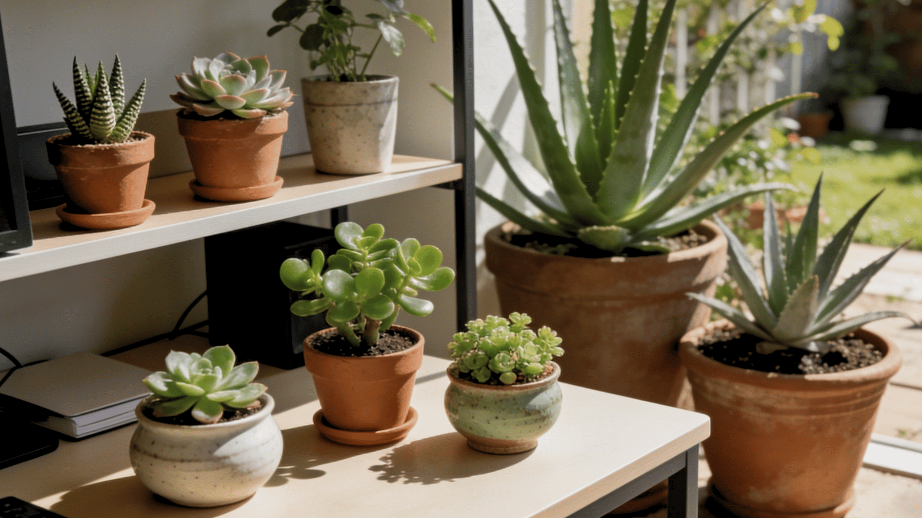 indoor and outdoor succulent plants displayed in terracotta pots with bright natural light and greenery