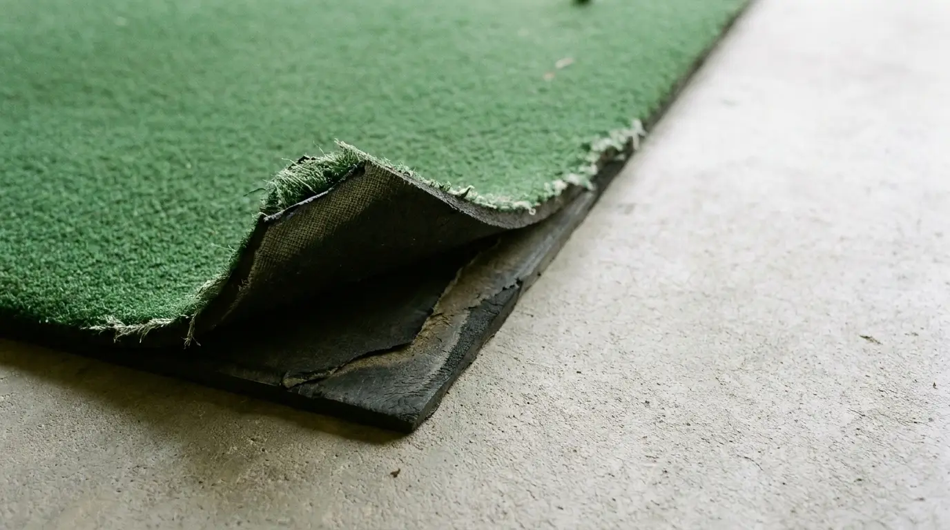 Worn green artificial turf peeling over cracked concrete floor in outdoor setting