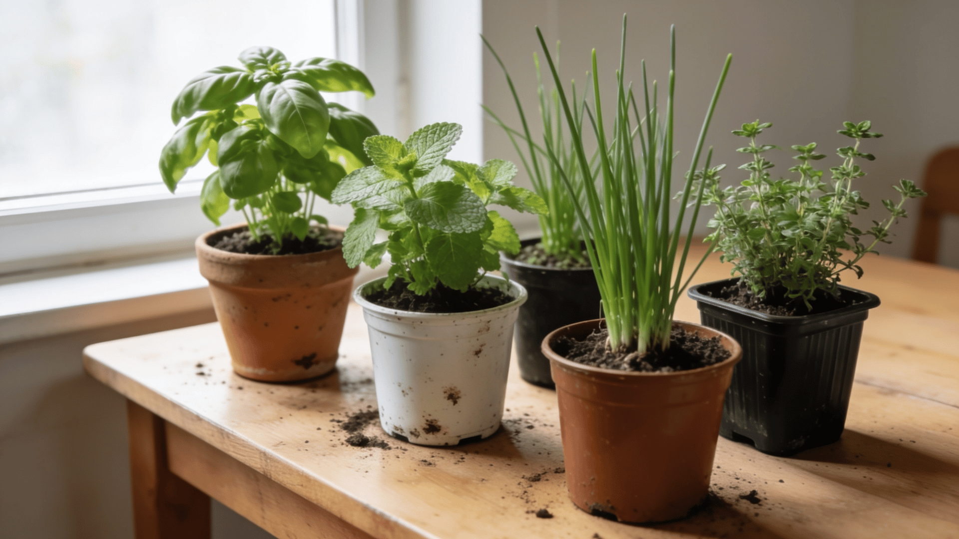 Potted basil, mint, chives, and thyme arranged on a wooden table near a window with soil visible