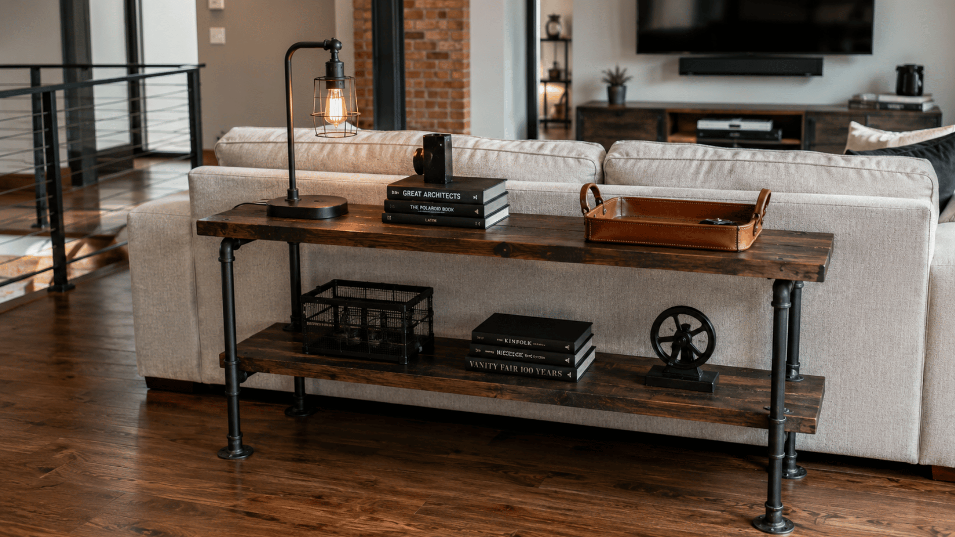 industrial sofa table behind couch with pipe legs, wood shelves, lamp, books, and tray