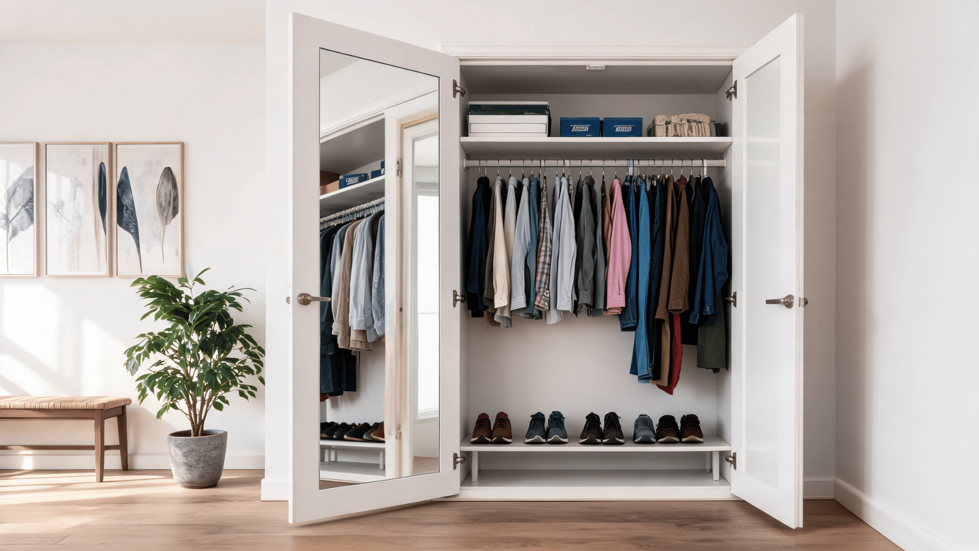 Open closet doors with a mirror on the inside and clothes arranged on shelves and hangers