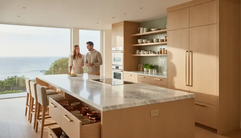 Couple conversing in modern kitchen with large marble island and ocean view