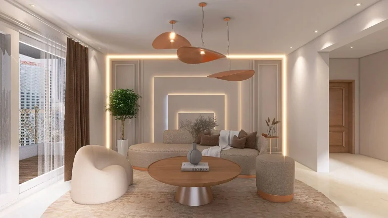 Modern living room with beige furniture, wooden coffee table, and ambient lighting strips