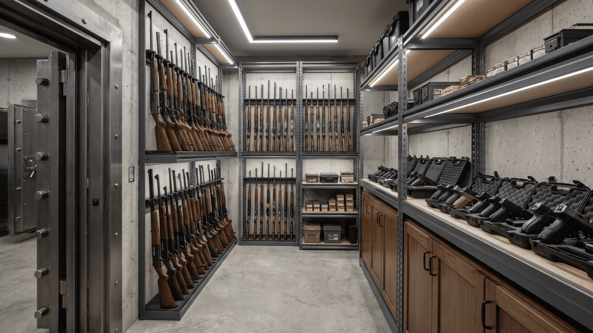 interior of a walk-in gun vault with firearms neatly stored on racks and shelves