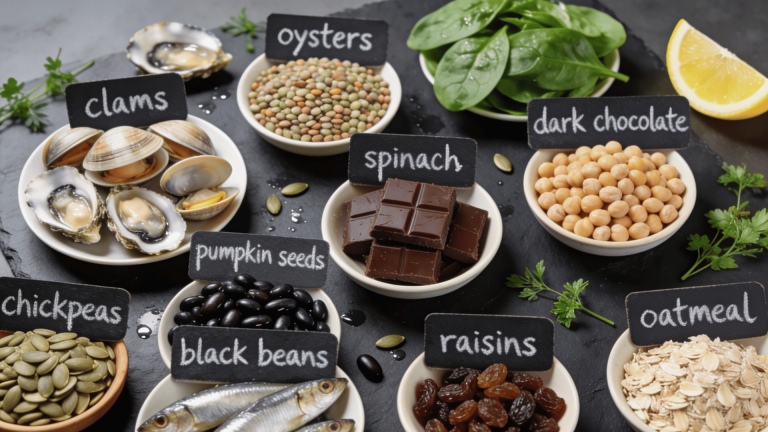 iron-rich foods including clams, oysters, lentils, spinach, dark chocolate, chickpeas, pumpkin seeds, black beans, raisins, sardines, and oatmeal