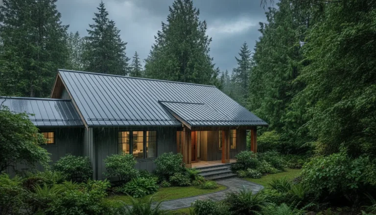 Cozy cabin with metal roof surrounded by lush forest during rainy day