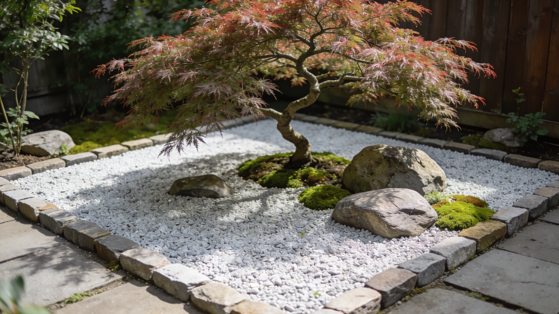 Japanese maple tree in zen garden with gravel, rocks, moss, and stone border bed