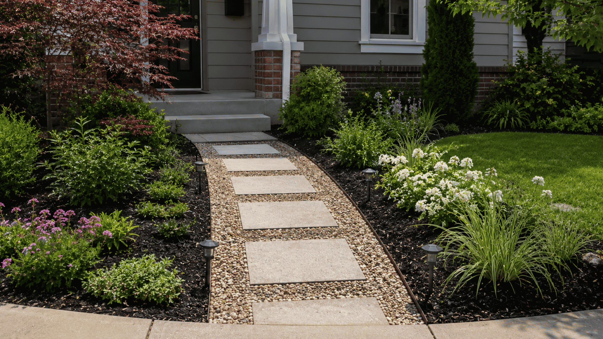 Suburban front yard with stone stepping stone pathway surrounded by green groundcover, flowering plants, shrubs, and a tidy porch entrance