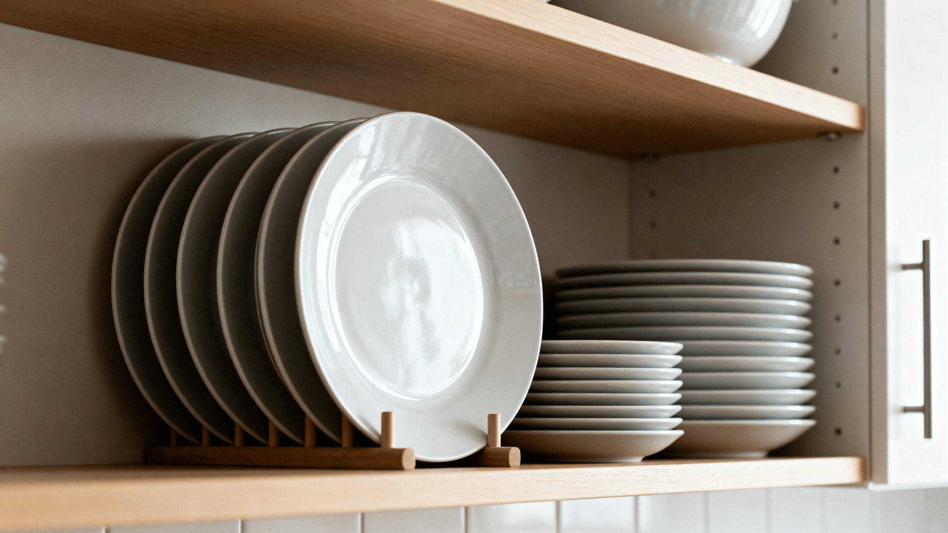 kitchen cabinet shelf with plates stacked by size and arranged for easier access during daily meal preparation