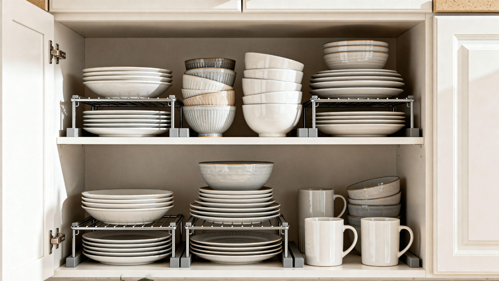 kitchen cabinet using shelf risers to create extra storage levels for plates bowls and other everyday kitchen items