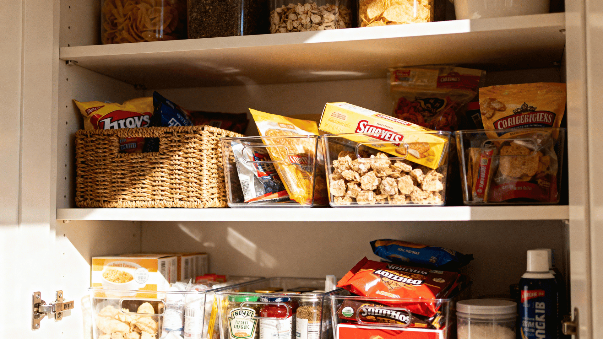 kitchen cabinet with baskets holding loose supplies and packaged items to create cleaner organized storage