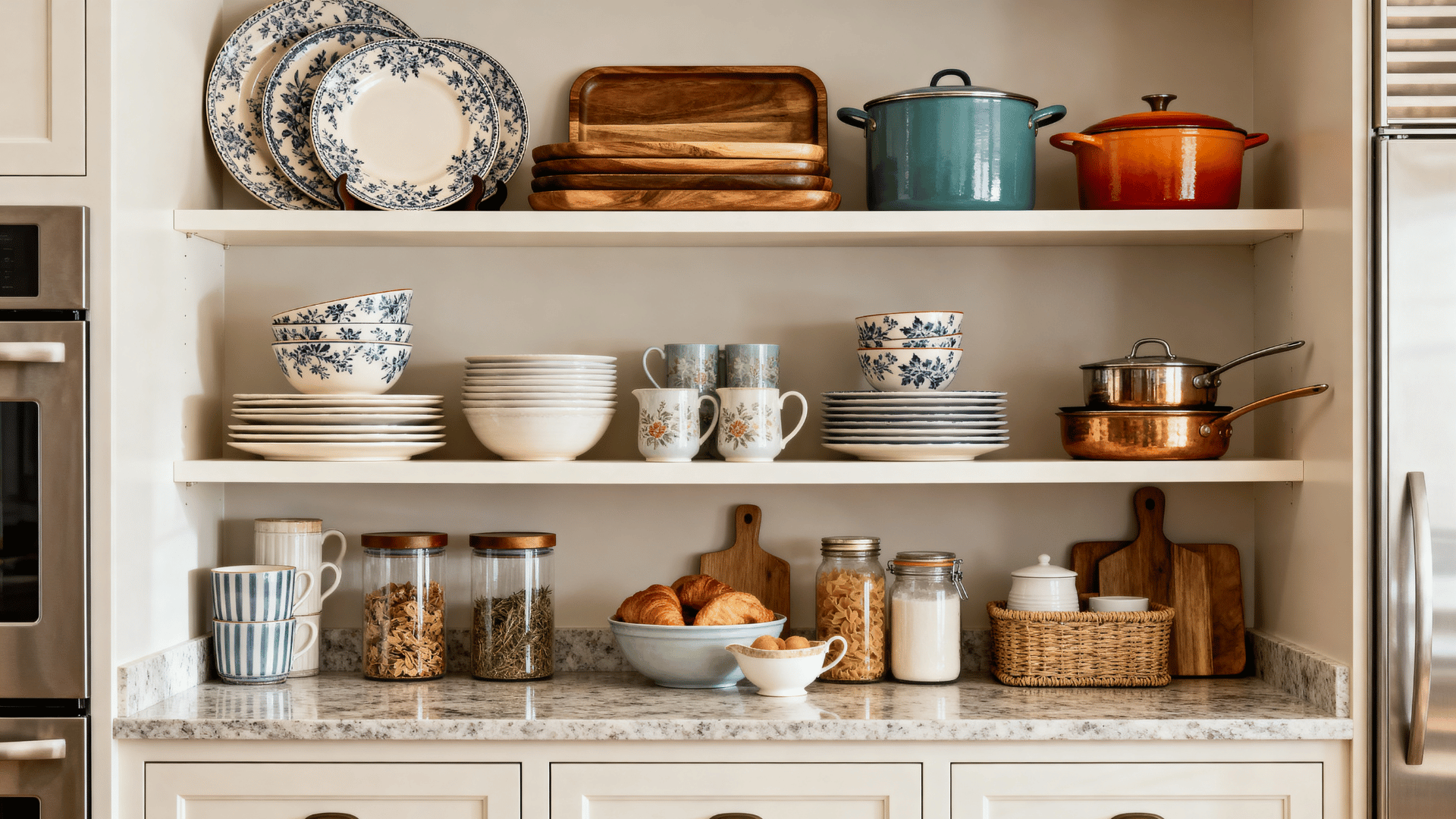 kitchen cabinet with seasonal dishes and occasional items stored on higher shelves to save useful lower space