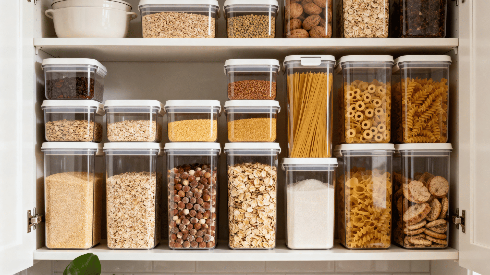 kitchen cabinet with stackable containers holding dry goods while maximizing vertical storage space efficiently