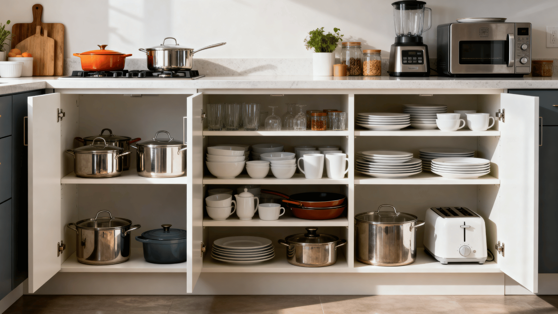 kitchen cabinets arranged into separate areas for cookware dishes and appliances with a clear organized storage approach
