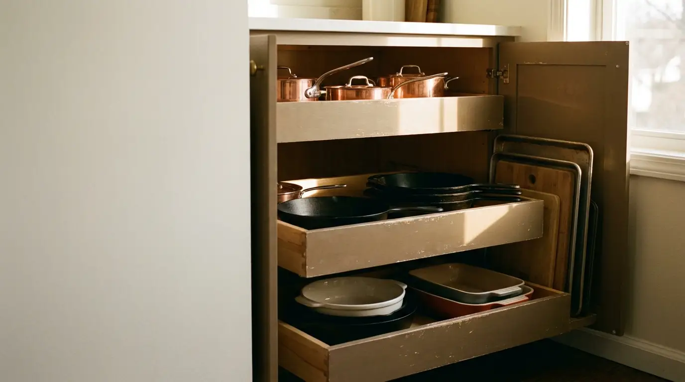 Open kitchen cabinet with copper pots and pans on pull-out shelves