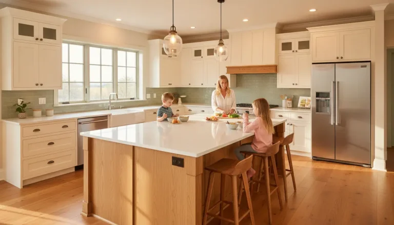 Woman preparing food with children at kitchen island in bright, modern kitchen with stainless steel appliances