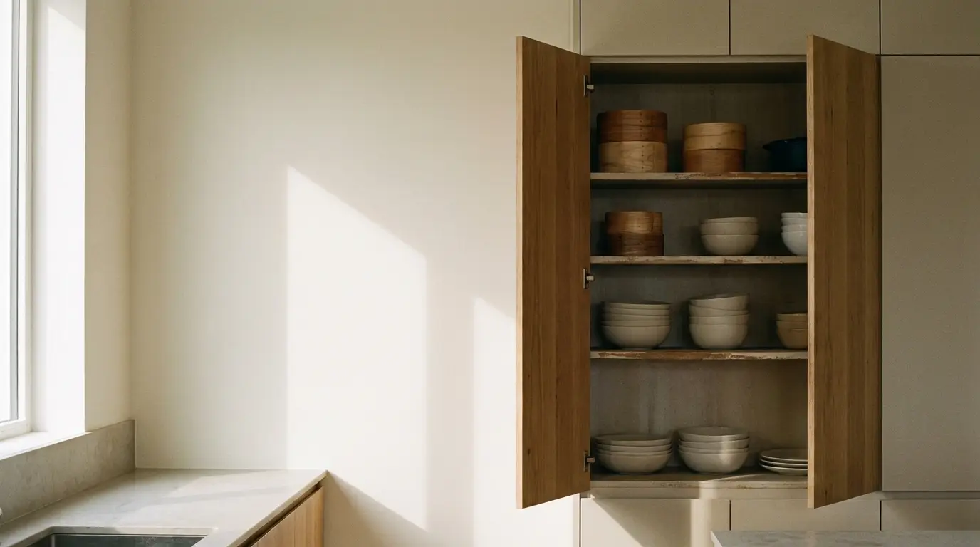 Open wooden kitchen cabinet with stacked bowls and wooden containers in bright natural light