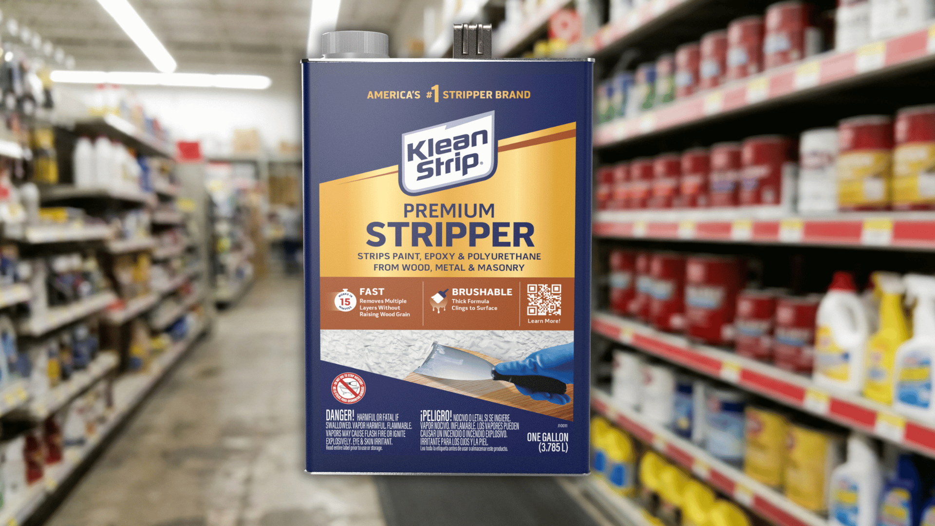 klean strip premium stripper can, one gallon, on blurred store aisle background