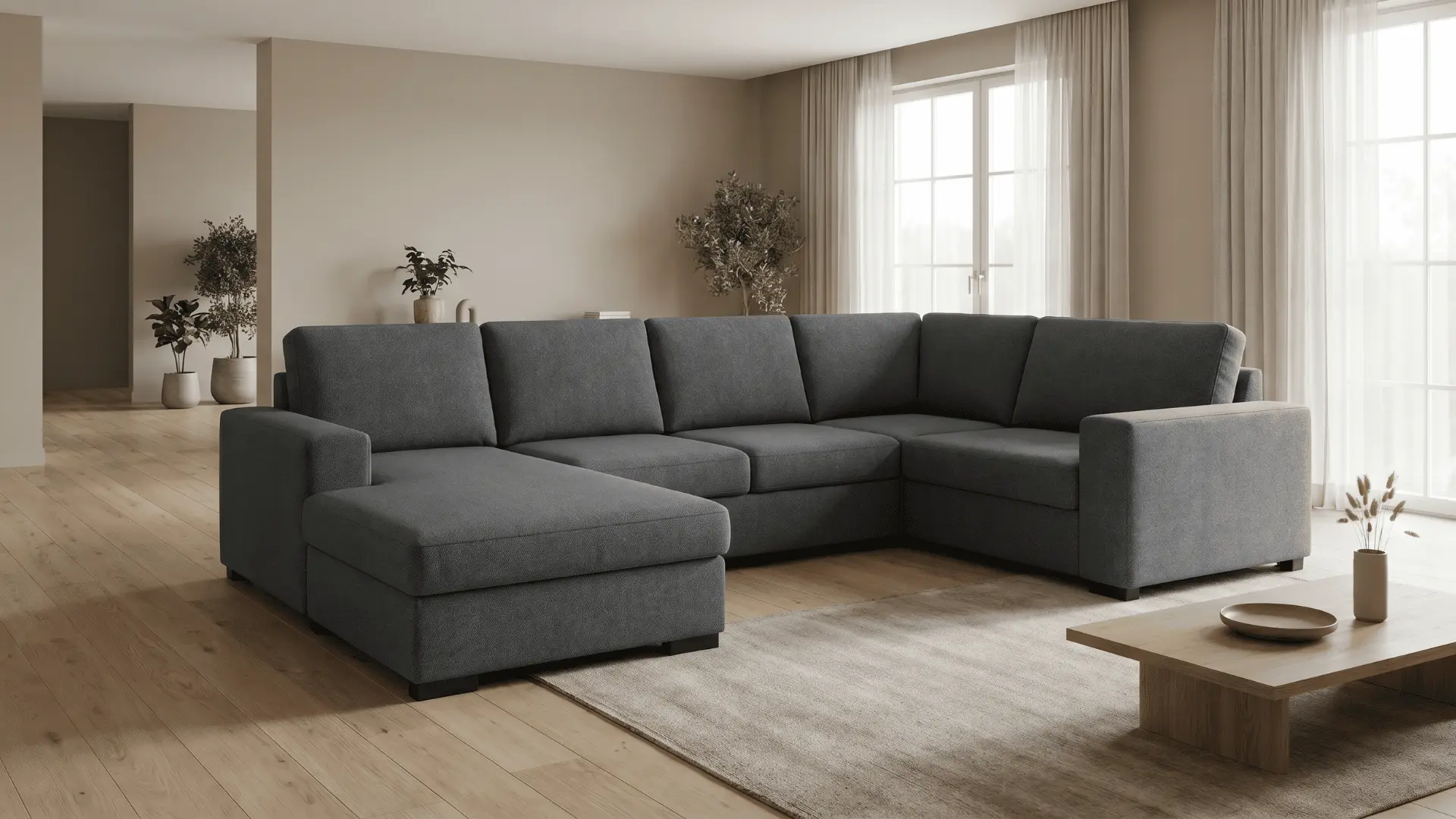 L shaped sectional sofa shown from front angle with open space around it