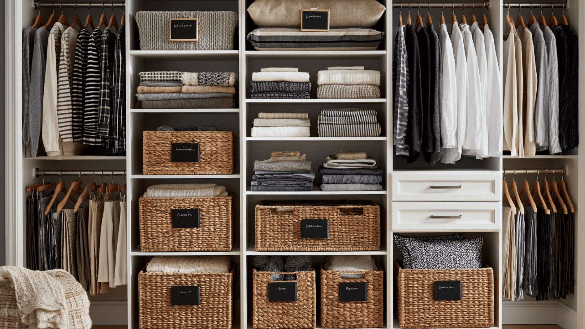 labeled baskets and folded clothes arranged neatly in an open closet storage system